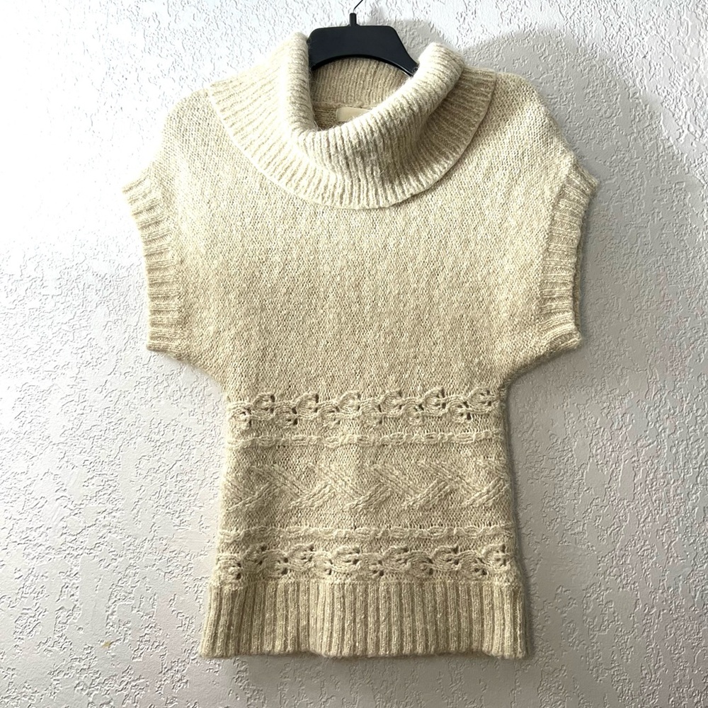 Kaisely Beige Tan Short sleeves Knit Cowl neck Sweater Casual Fuzzy Tops S